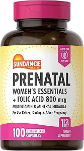 Prenatal Multivitamin and Mineral Formula | 100 Quick Release Capsules | with Folic Acid 800 mcg | Non-GMO, Gluten Free Supplement for Women | by Sundance