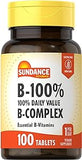 Sundance Vitamin B-Complex 100% Daily Value | 100 Tablets | Vegetarian, Non-GMO, and Gluten Free Supplement