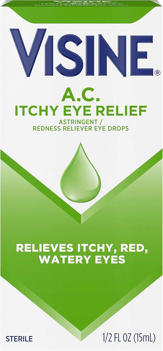 Visine A.C. Itchy Eye Relief Eye Drops with Zinc Sulfate & Tetrahydrozoline HCl, Eye Drop Treatment with Redness Reliever & Astringent for Itchy, Red, Watery & Irritated Eyes, 0.5 fl. oz