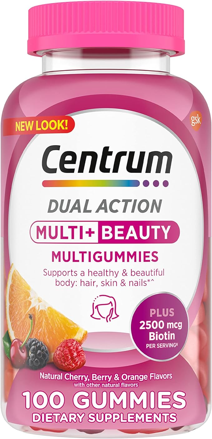 Centrum MultiGummies Multi+ Beauty Dual Action Multivitamin, Specially Designed with Biotin for Healthy Hair, Skin and Nails, Cherry/Berry/Orange Flavors - 100 Count