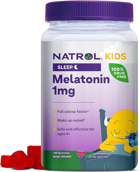 Natrol Kids Melatonin 1mg, Supplement for Restful Sleep, Sleep Gummies for Children, 140 Raspberry-Flavored Melatonin Gummies, 140 Day Supply