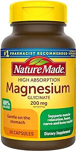 Nature Made Magnesium Glycinate 200 mg per Serving, Magnesium Supplement for Muscle, Heart, Nerve and Bone Support, 60 Magnesium Bisglycinate Capsules, 30 Day Supply