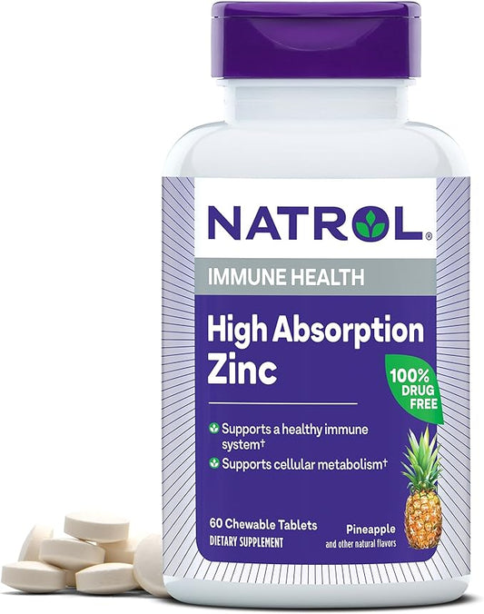 Natrol High Absorption Zinc 7.5 mg per Serving, Dietary Supplement for Immune Health, Chewable Tablets for Adults, 60 Zinc Tablets, 60 Day Supply