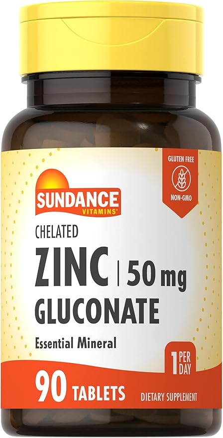 Zinc Gluconate 50mg | 90 Tablets | Chelated Essential Mineral | Vegetarian, Non-GMO, Gluten-Free Supplement | by Sundance