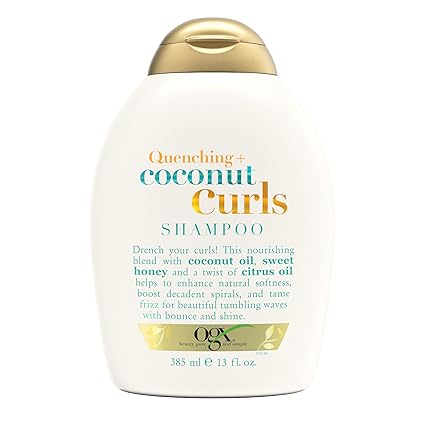 OGX Quenching + Coconut, Curl-Defining Shampoo, Hydrating & Nourishing Curly Hair Shampoo with Coconut Oil, Citrus Oil & Honey, Paraben, Sulfate-Free Surfactants, 13 floz