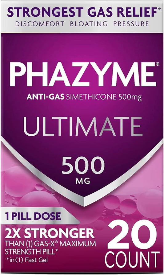 Phazyme Ultimate Gas Bloating Relief Works in Minutes 500 mg Simethicone Fast Gels, 20 Count