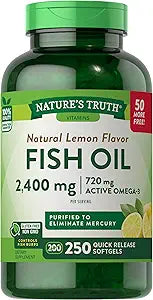 Nature's Truth Burpless Fish Oil 2400mg | 250 Softgels | 720 mg Omega 3 | Natural Lemon Flavor Pills | Non-GMO & Gluten Free Supplement