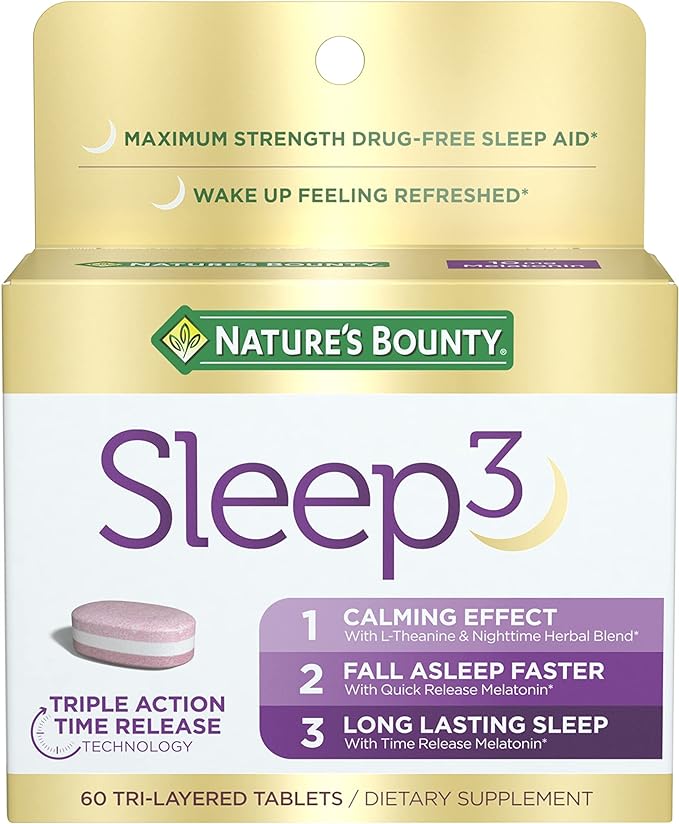 Nature's Bounty Sleep3 Melatonin 10mg, Maximum Strength 100% Drug Free Sleep Aid, Dietary Supplement, L-Theanine & Nighttime Herbal Blend Time Release Technology, 60 Tri-Layered Tablets