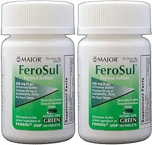 Major Ferosul - Ferrous Sulfate 325mg Tablets with 65mg of Elemental Iron - Iron Supplement for Women, Men - Green - 100 Tablets