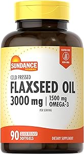 Sundance Flaxseed Oil 3000mg | 90 Softgels | with 1500mg Omega-3 | Cold Pressed | Non-GMO and Gluten Free Supplement