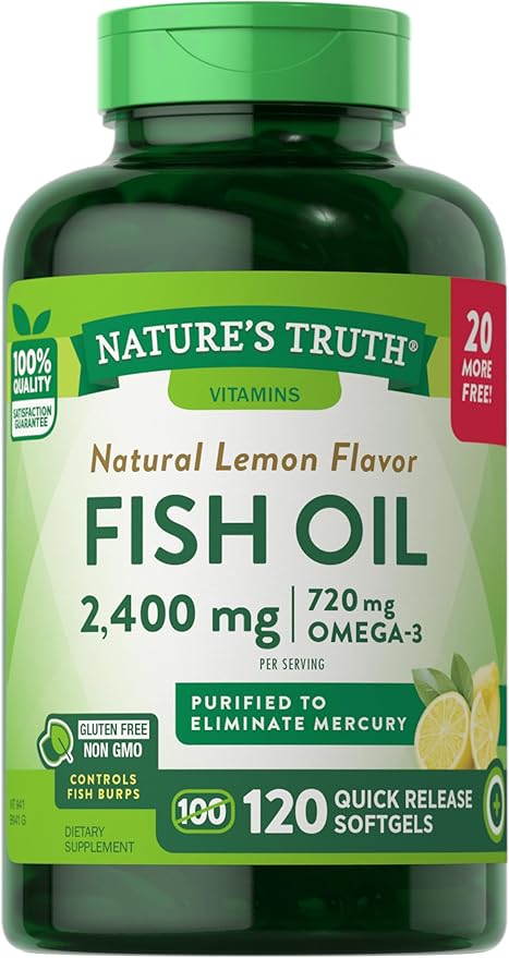 Fish Oil 2400mg | 120 Quick Release Softgels | 720 mg Omega 3 | Burpless Lemon Flavor Pills | Non-GMO & Gluten Free Supplement | by Nature's Truth