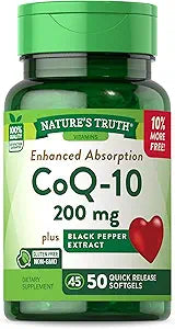 Nature's Truth CoQ10 200 mg Softgels | 50 Count | Enhanced Absorption Supplement | Plus Black Pepper Extract | Non-GMO, Gluten Free