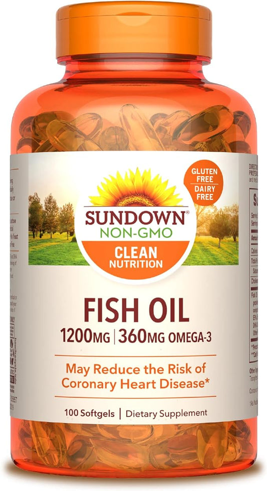 Sundown Fish Oil 1200 mg, Omega-3 Dietary Supplement, Supports Heart Health, 100 Softgels  