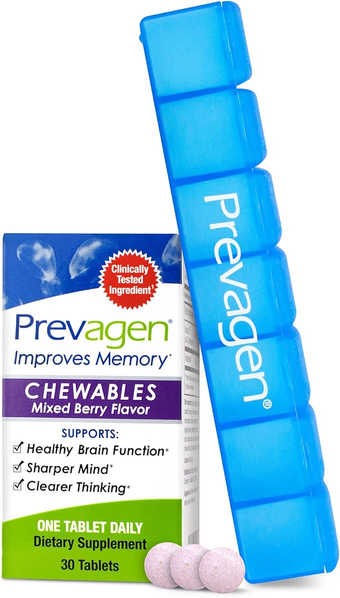 Prevagen Improves Memory - Regular Strength 10mg, 30 Chewables |Mixed Berry| with Apoaequorin & Vitamin D 7-Day Pill Minder | Brain Supplement for Better Brain Health