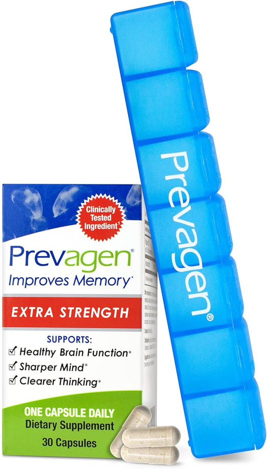 Prevagen Improves Memory - Extra Strength 20mg, 30 Capsules, with Apoaequorin & Vitamin D 7-Day Pill Minder | Brain Supplement for Better Brain Health, Supports Healthy Brain Function