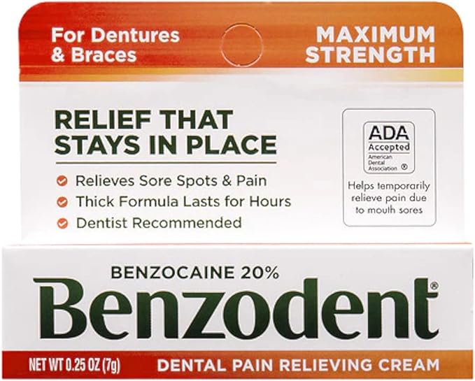 Benzodent Dental Pain Relieving Cream for Dentures and Braces, 0.25 oz tube