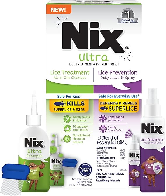 Nix Lice Treatment & Prevention Kit, All-in-One Shampoo, 4 fl oz, with Lice Removal Comb and Lice Prevention Daily Leave-in Spray, 6 fl oz