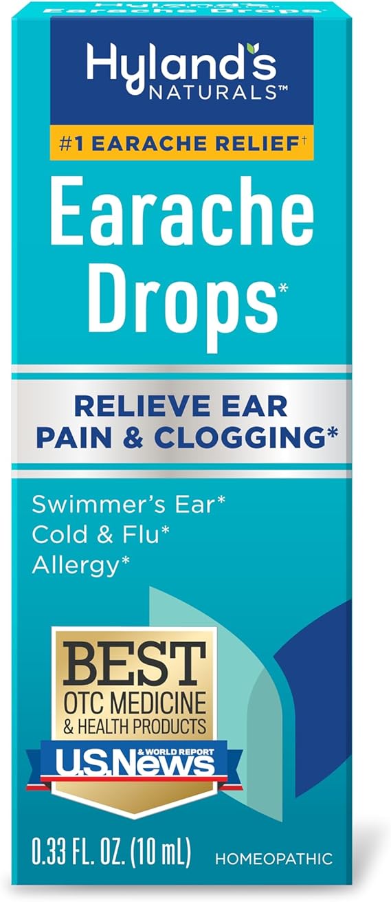 Hyland's Earache Drops, Natural Relief of Swimmer's Ear, Cold & Flu, Allergy Symptoms, Ages 4 & up, Day & Night, 0.33 Fl Oz