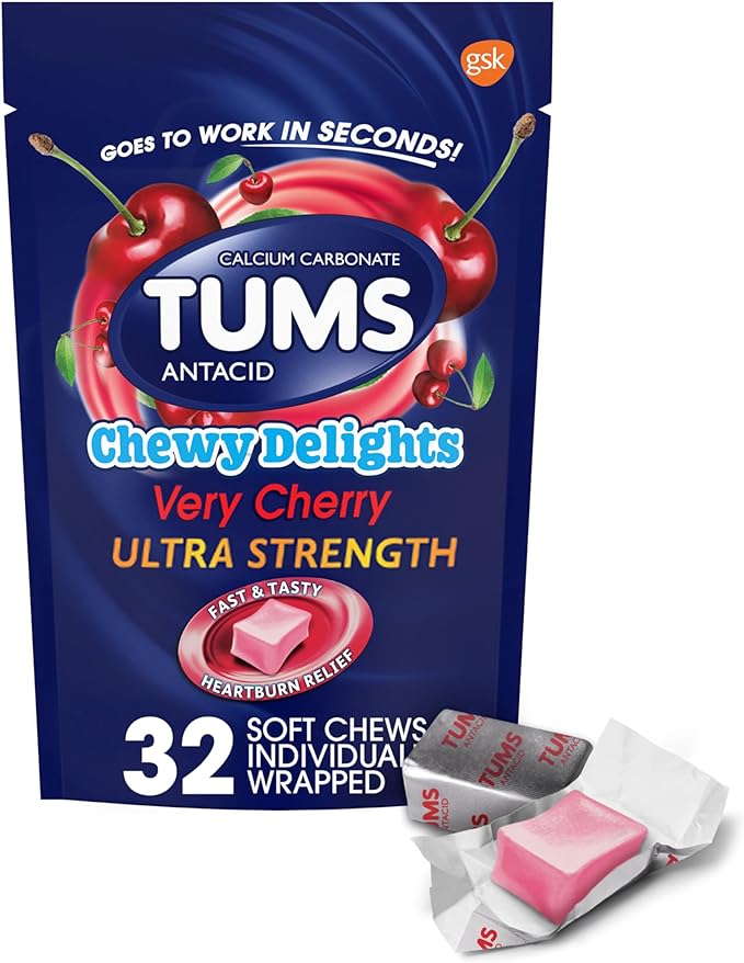 TUMS Chewy Delights Ultra Strength Antacid Soft Chews for Chewable Heartburn Relief and Acid Indigestion Relief, Very Cherry - 32 Count