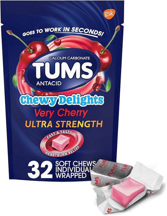 TUMS Chewy Delights Ultra Strength Antacid Soft Chews for Chewable Heartburn Relief and Acid Indigestion Relief, Very Cherry - 32 Count