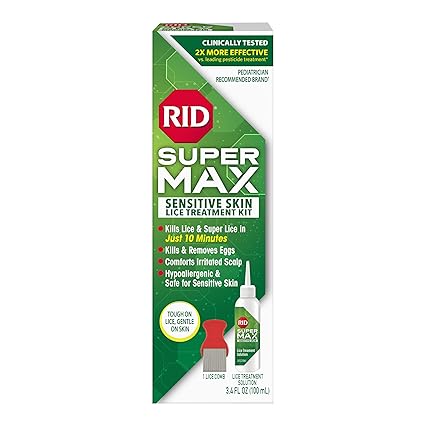 RID Super Max Sensitive Skin Lice Treatment, Kills Super Lice & Eggs, Safe for Sensitive Skin, Clinically Tested,   age Graphics May Vary