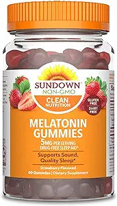 Sundown Melatonin 5mg Gummies for Sleep Support, Non-GMO, Dairy-Free, Gluten-Free, Natural Strawberry Flavor, 60 Count