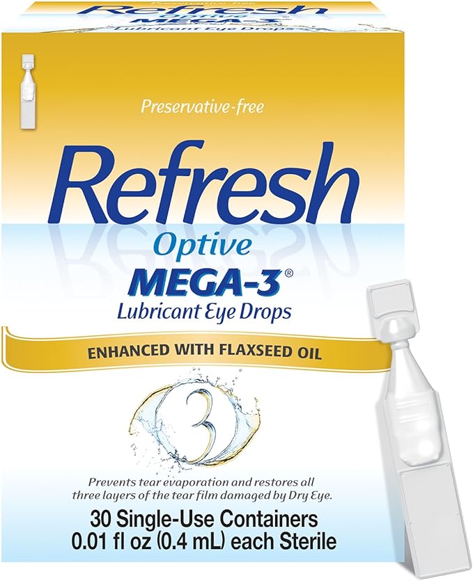 Refresh Optive MEGA-3 Lubricant Eye Drops Preservative-Free Artificial Tears, 0.01 fl oz (0.4 mL), 30 Single-Use Containers