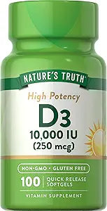 Vitamin D3 10000iu | 100 Quick Release Softgels | High Potency Formula | Non-GMO and Gluten Free Supplement | by Nature's Truth