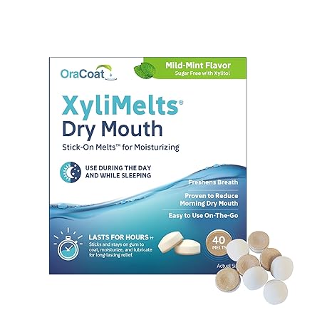 OraCoat XyliMelts Dry Mouth Relief Moisturizing Oral Adhering Discs Mild Mint with Xylitol, for Dry Mouth, Stimulates Saliva, Non-Acidic, Day and Night Use, Time Release for up to 8 Hours, 40 Count