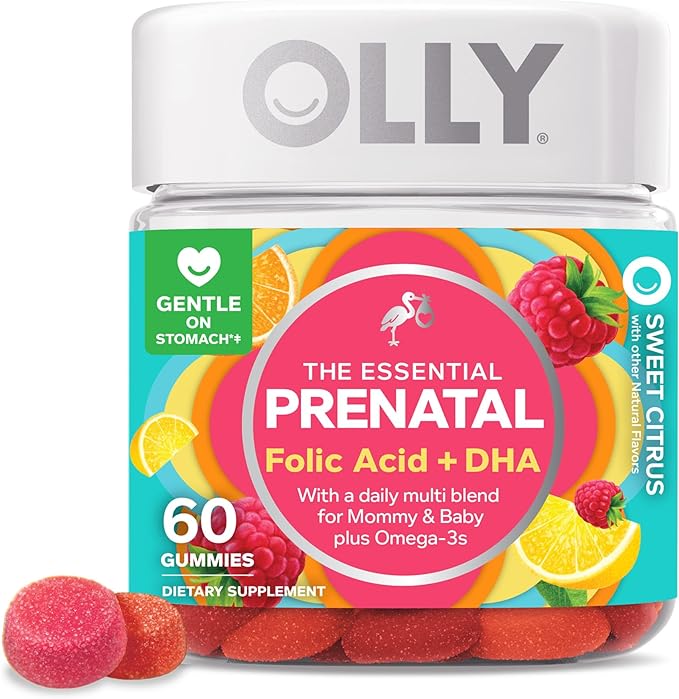 Olly The Essential Prenatal Gummy Multivitamin, 30 Day Supply ( Gummies), Sweet, Folic Acid, Vitamin D, Omega 3 DHA, Chewable Supplement, White Citrus, 60 Count