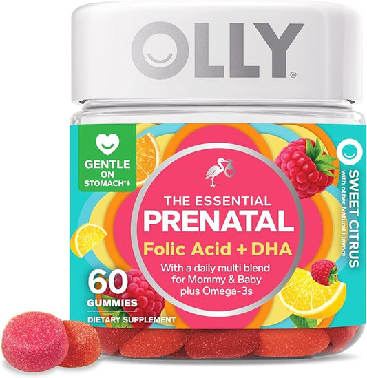 Olly The Essential Prenatal Gummy Multivitamin, 30 Day Supply ( Gummies), Sweet, Folic Acid, Vitamin D, Omega 3 DHA, Chewable Supplement, White Citrus, 60 Count