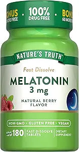 Nature's Truth Melatonin 3mg | 180 Fast Dissolve Tablets | Natural Berry Flavor | Vegetarian, Non-GMO, Gluten Free