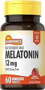 Sundance Melatonin 12mg | 60 Fast Dissolve Tablets | Natural Berry Flavor | Vegetarian, Non-GMO, and Gluten Free Supplement