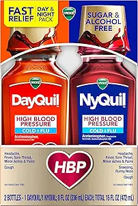 Vicks DayQuil & NyQuil High Blood Pressure Cold and Flu Medicine, Powerful Multi-Symptom day or night Relief for Cold, Cough, and Flu Symptoms, Sugar & Alcohol Free, 2 x 8 FL OZ Bottles