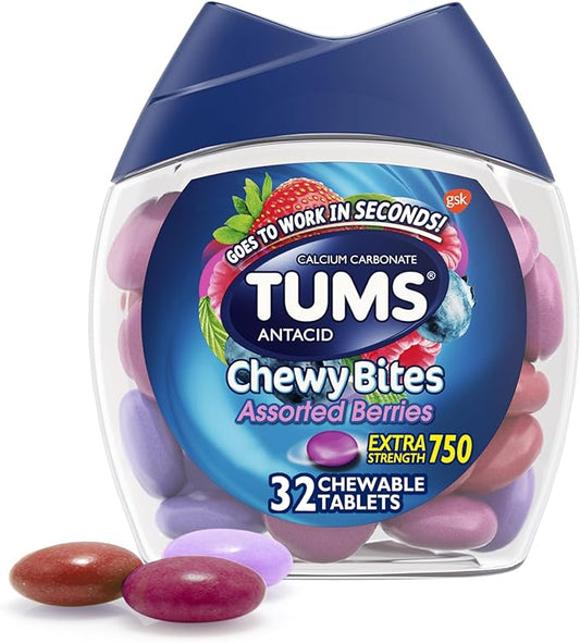 TUMS Chewy Bites Antacid Tablets for Chewable Heartburn & Acid Indigestion Relief, Assorted Berries, 32 Count