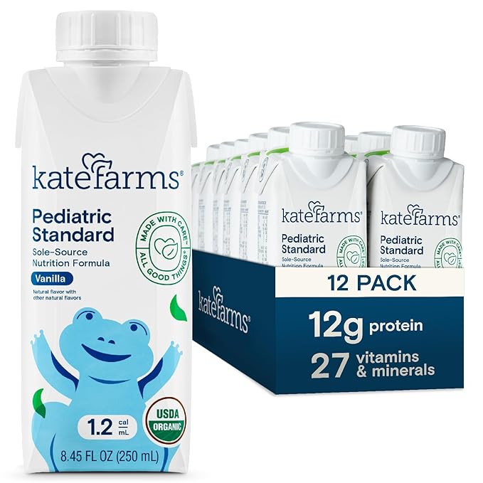 Kate Farms Pediatric Standard 1.2 Formula, Sole Source Nutrition, Nutritional Supplement Drinks, Feeding Tube Meals, Protein Shakes for Kids (Vanilla 1.2 cal/mL, Case of 12)