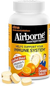 Airborne 1000mg Chewable Tablets with Zinc, Immune Support Supplement with Powerful Antioxidants Vitamins A C & E - 96 Tablets, Citrus Flavor