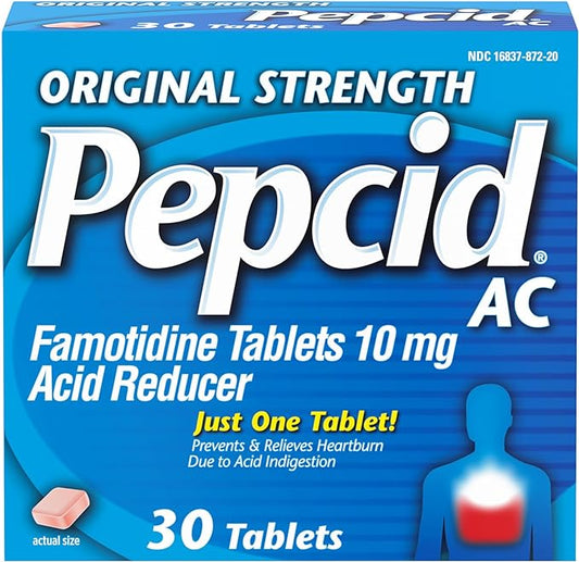 Pepcid AC Original Strength Heartburn Relief Tablets, Prevents & Relieves Heartburn Due to Acid Indigestion & Sour Stomach, 10 mg Famotidine to Reduce & Control Acid, Fast-Acting, 30 Ct