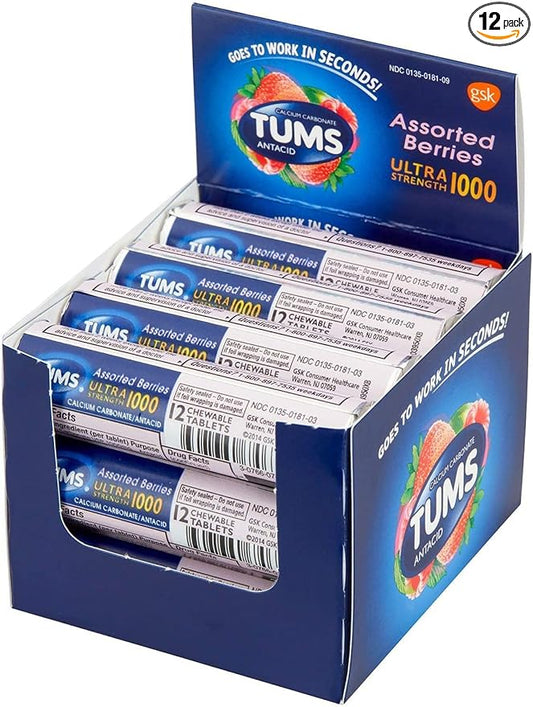 TUMS Ultra Strength Antacid Tablets for Chewable Heartburn Relief and Acid Indigestion Relief, Assorted Berries - 12 Count Rolls