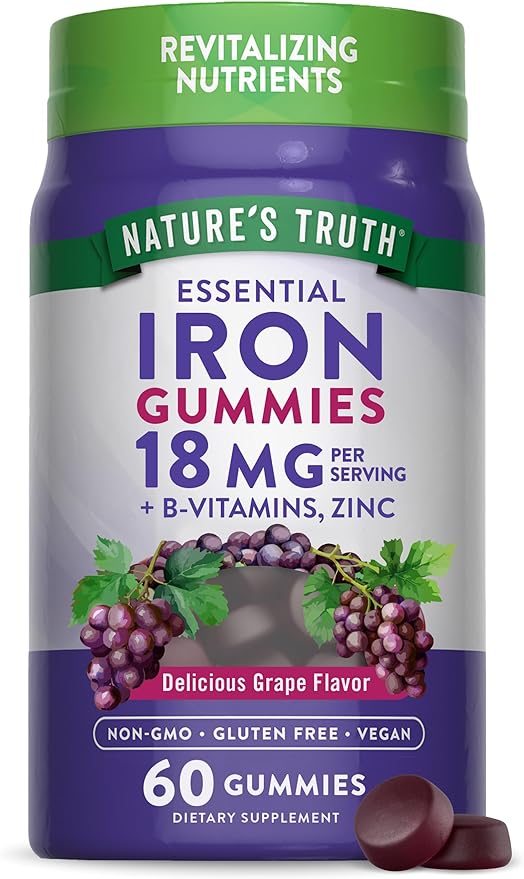 Natures Truth Iron Gummies | 60 count | Vegan, Non-GMO & Gluten Free Supplement | with Zinc & B Vitamins | Grape Flavor