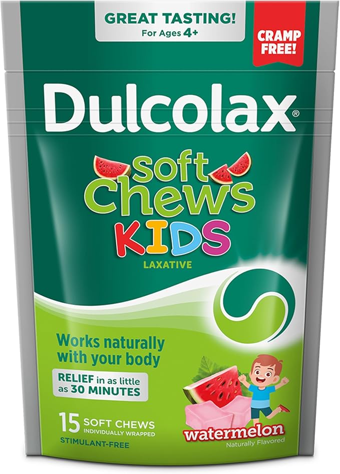 Dulcolax Kids Saline Laxative Soft Chews, Gentle Constipation Relief for Kids, Watermelon Flavor, Magnesium Hydroxide 1200 mg, 15 Count