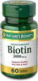 Nature's Bounty Biotin, Vitamin Supplement, Supports Metabolism for Cellular Energy and Healthy Hair, Skin, and Nails, 5000 mcg, 60 Quick Dissolve