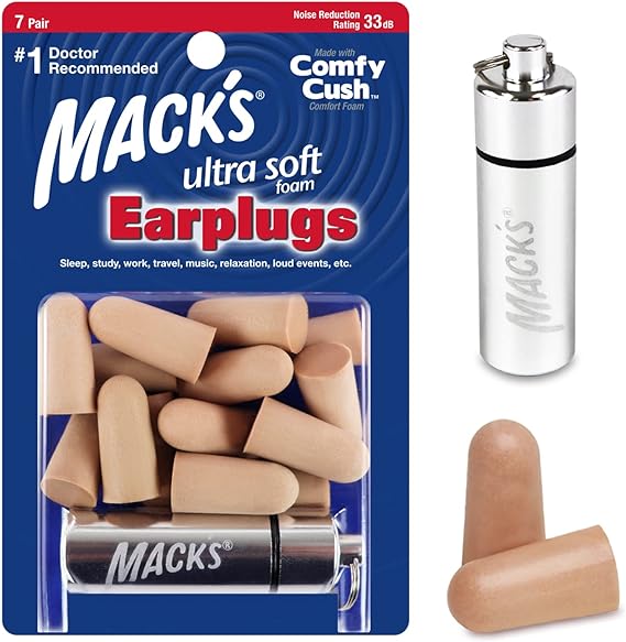 Mack? Ultra Soft Foam Earplugs, 7 Pair + Case ·33 dB Highest NRR, Comfortable Ear Plugs for Sleeping, Snoring, Travel, Concerts, Studying and Noise