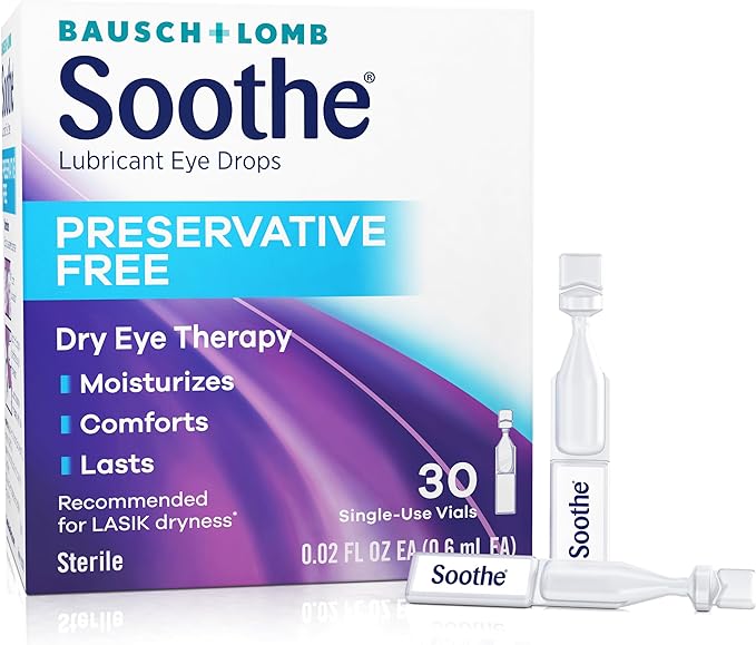 Soothe Preservative Free Lubricant Eye Drops, Long-Lasting Dry Eye Relief, Moisturizing & Comforting, Suitable for Sensitive Eyes, Single Use Vials, 30 Count