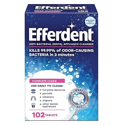 Efferdent Retainer Cleaning Tablets, Denture Cleanser Tablets for Dental Appliances, Complete Clean, 102 Tablets