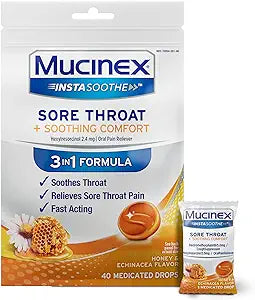 Mucinex Instasoothe Sore Throat Relief Drops, Sore Throat Lozenges, Sore Throat Medicine with Hexylresorcinol, Cough Drops Alternative, Honey & Echinacea Flavor Medicated Numbing Throat Drops, 40 ct