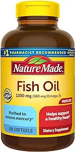 Nature Made Fish Oil 1200 mg Softgels, Fish Oil Supplements, Omega 3 Fish Oil for Healthy Heart Support, Omega 3 Supplement with 150 Softgels, 75 Day Supply