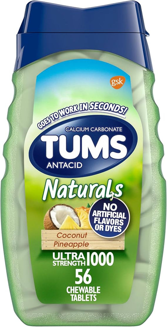 TUMS Naturals Chewable Ultra Strength Antacid Chews for Heartburn Relief, Coconut Pineapple - 56 Count