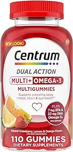 Centrum MultiGummies Multi+ Omega 3 Dual Action, Adult Multivitamin, Multivitamin/Multimineral/Omega 3 Supplement, Strawberry/Lemon/Orange Flavors - 110 Count