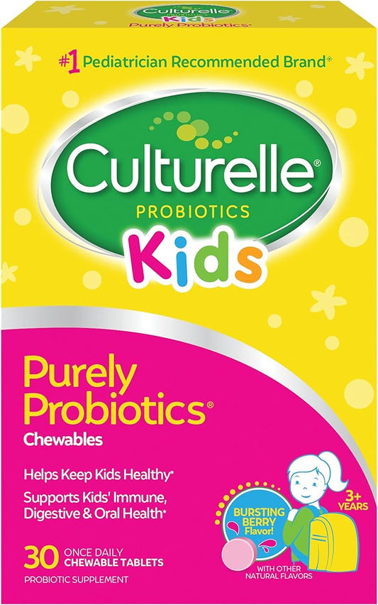 Culturelle Kids Chewable Daily Probiotic for Kids, Ages 3+, 30 Count, #1 Pediatrician-Recommended Brand, Natural Berry Flavored Daily Probiotics for Digestive Health, Oral Care & Immune Support